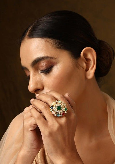 Multicolour Gold Tone Kundan Ring