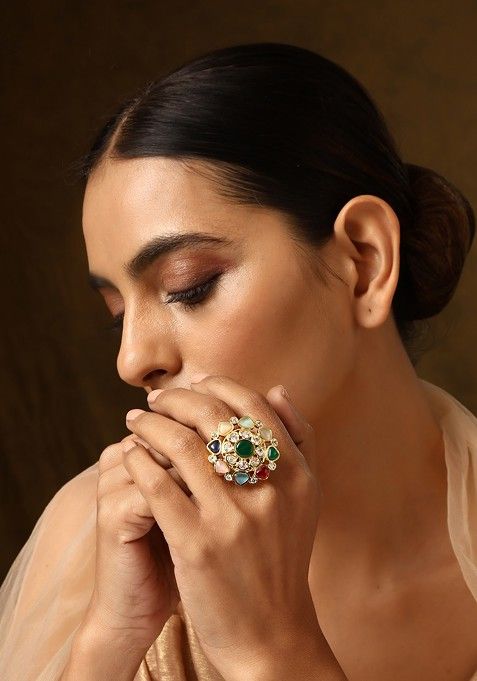 Multicolour Gold Tone Kundan Ring