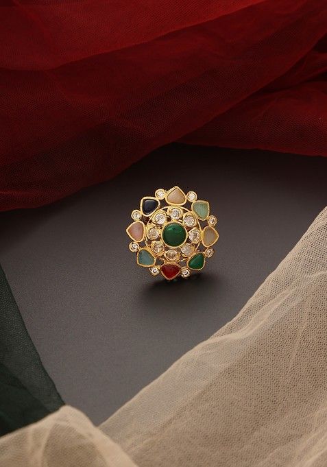 Multicolour Gold Tone Kundan Ring