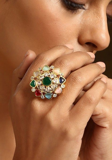 Multicolour Gold Tone Kundan Ring