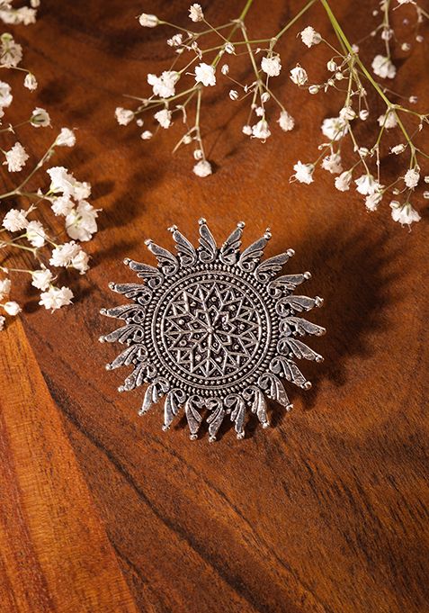 Silver Oxidised Abstract Sunflower Ring