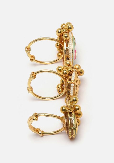Green Gold Plated Kundan Pearl Ring