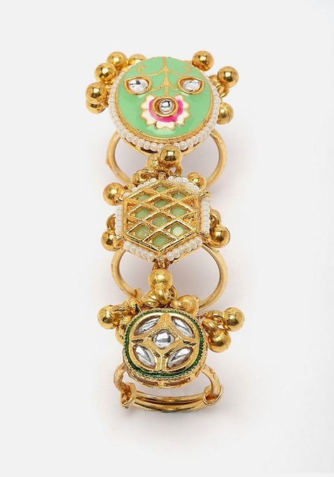 Green Gold Plated Kundan Pearl Ring