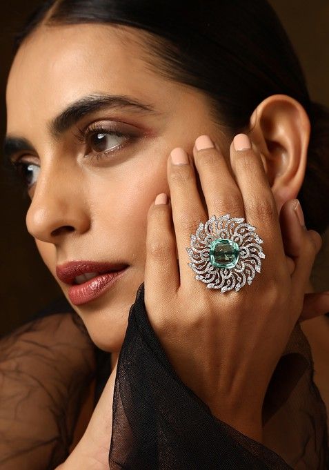 Emerald Silver Tone Zirconia Ring