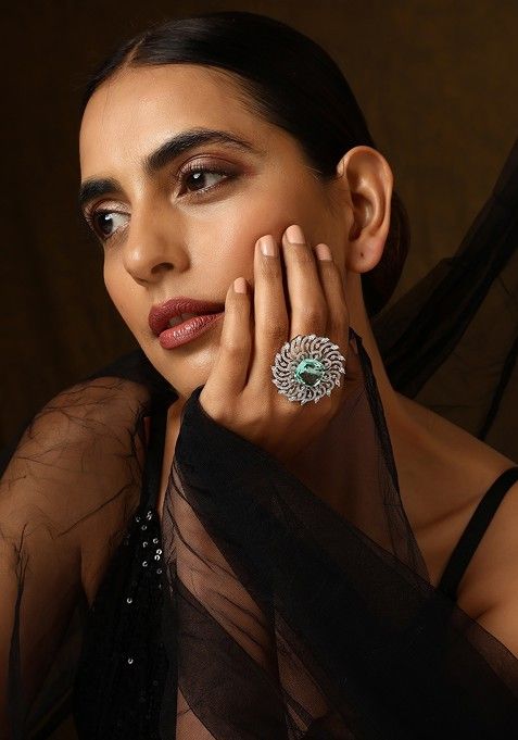 Emerald Silver Tone Zirconia Ring