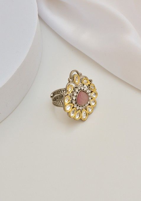 Pink Silver Tone Polki Ring