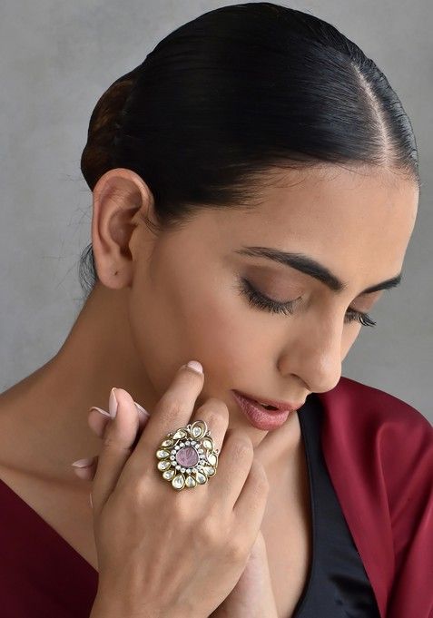 Pink Silver Tone Polki Ring