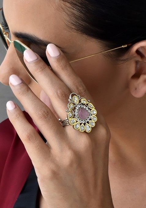 Pink Silver Tone Polki Ring