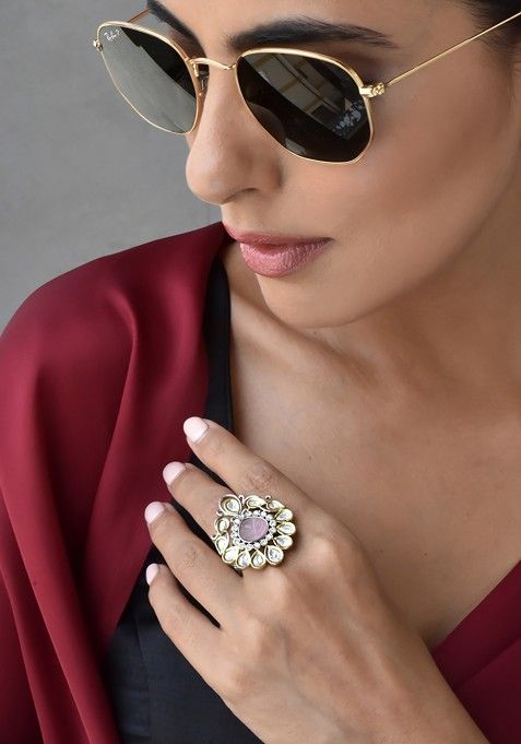 Pink Silver Tone Polki Ring