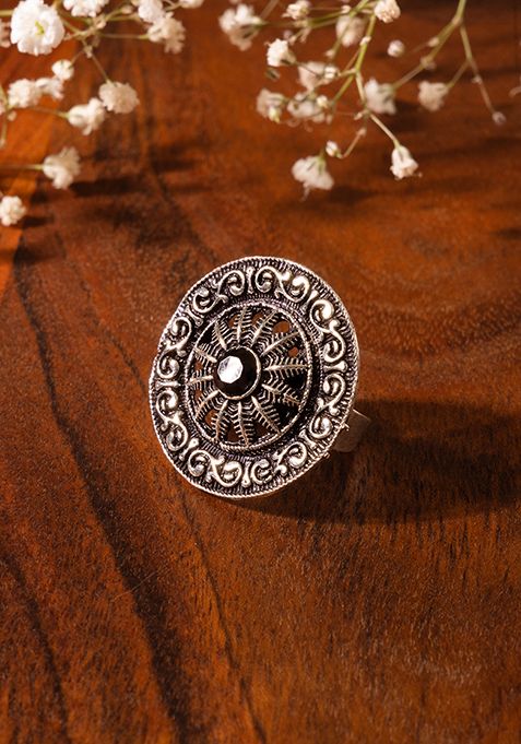 Silver Oxidised Mandala Ring