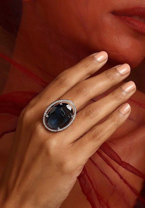 Sapphire Blue Silver Tone Zirconia Ring