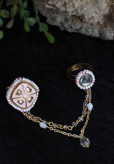 Pink Enamelled Beauty Two Finger Ring