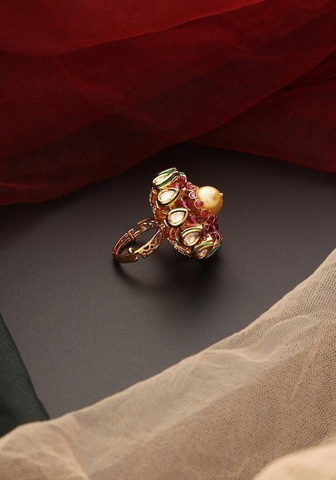 Red Gold Tone Kundan Ring