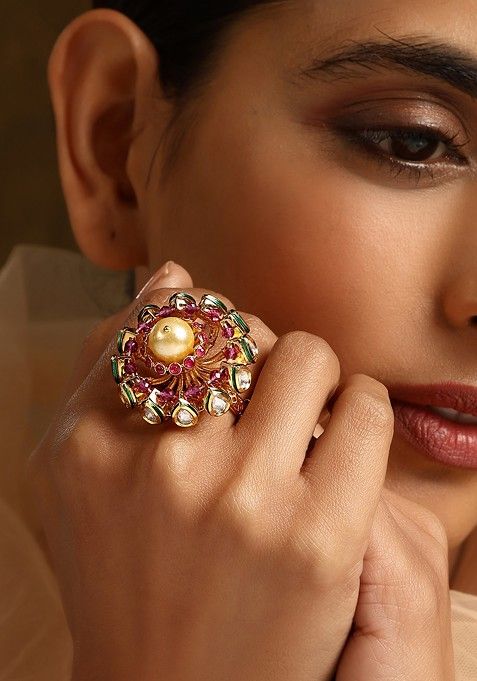 Red Gold Tone Kundan Ring