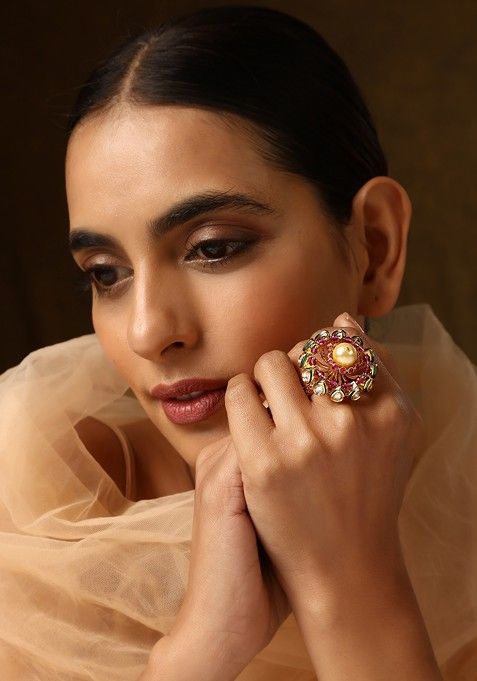 Red Gold Tone Kundan Ring