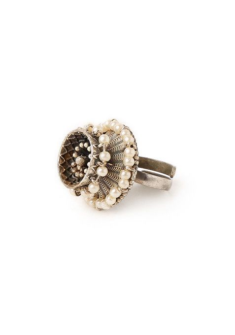 Silver Oxidised White Bead Tribal Ring