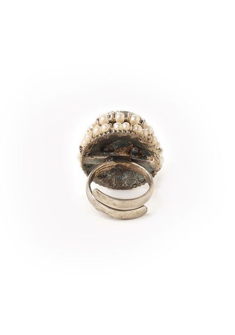 Silver Oxidised White Bead Tribal Ring