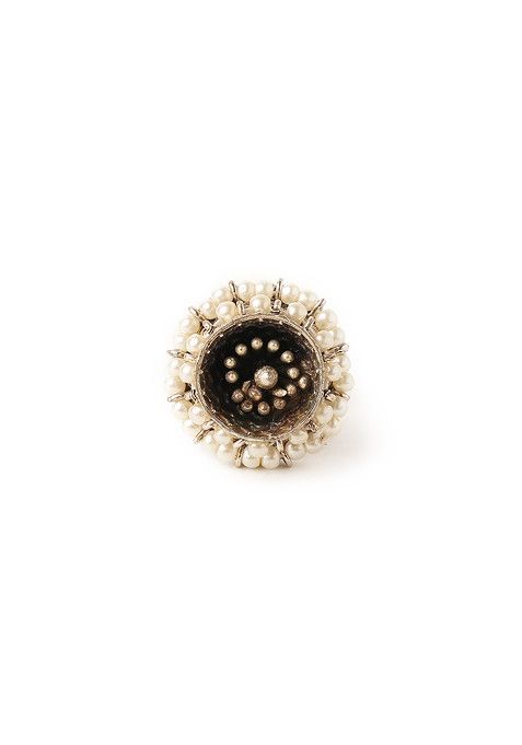 Silver Oxidised White Bead Tribal Ring