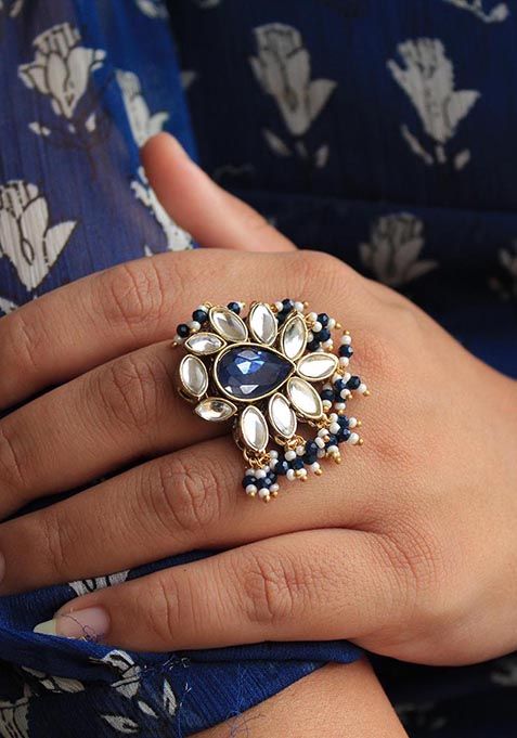Blue Kundan Adorned Ring