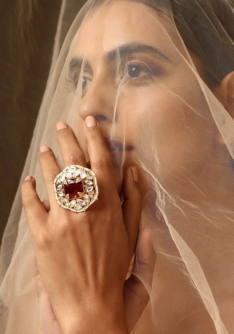 Red Gold Tone Polki Ring