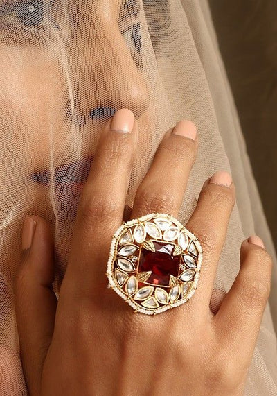 Red Gold Tone Polki Ring