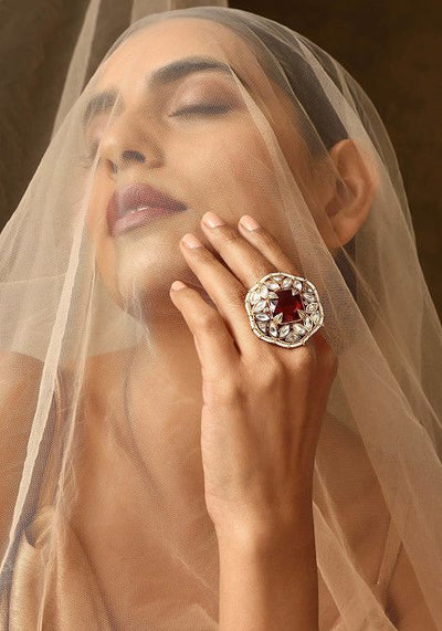 Red Gold Tone Polki Ring