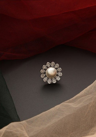 White Silver Tone Zirconia Pearl Ring