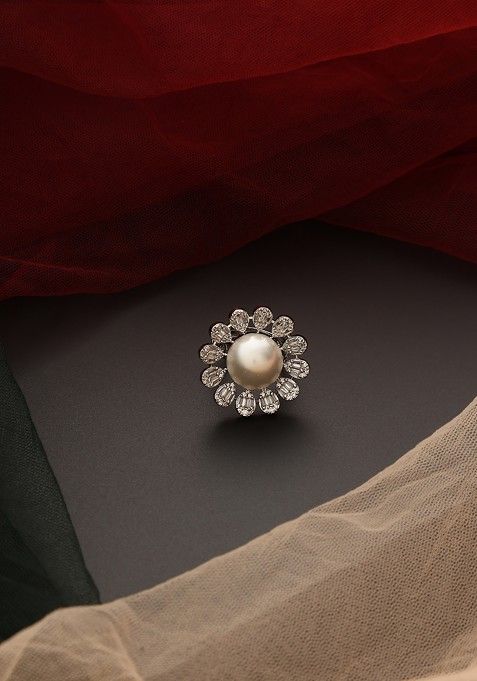 White Silver Tone Zirconia Pearl Ring