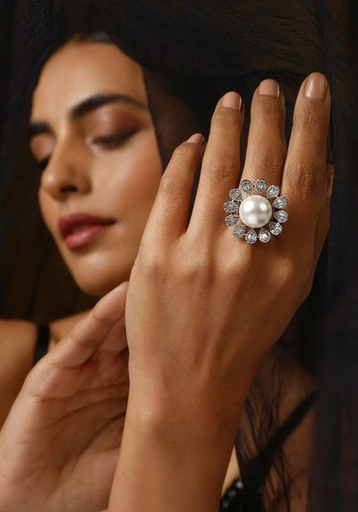 White Silver Tone Zirconia Pearl Ring