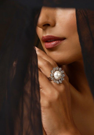 White Silver Tone Zirconia Pearl Ring