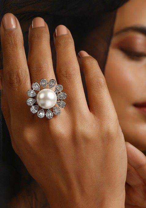 White Silver Tone Zirconia Pearl Ring