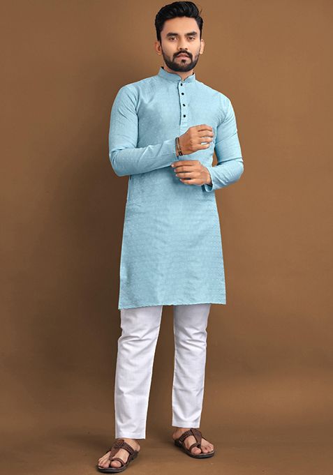 Sky Blue Embroidered Jacquard Kurta Set For Men