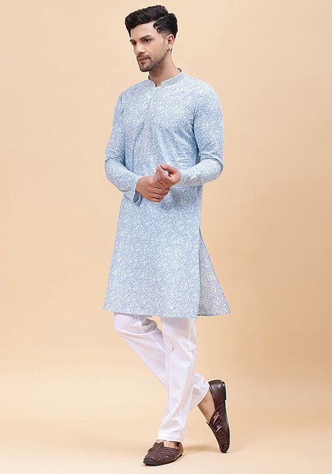 Turquoise Blue Embroidered Kurta For Men