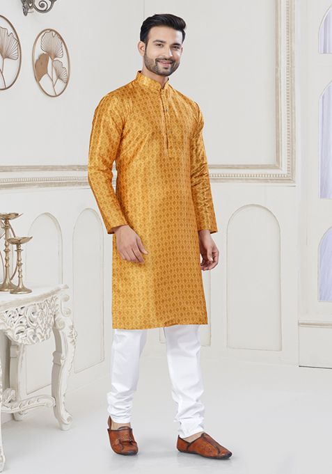 Yellow Embroidered Jacquard Kurta Set For Men