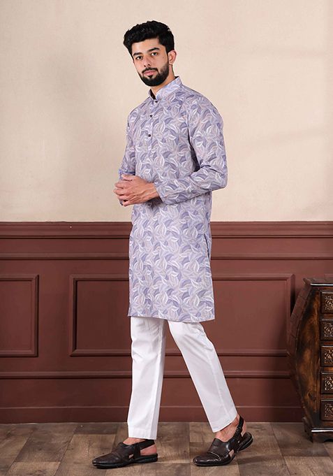Violet Printed Linen Kurta Set For Men