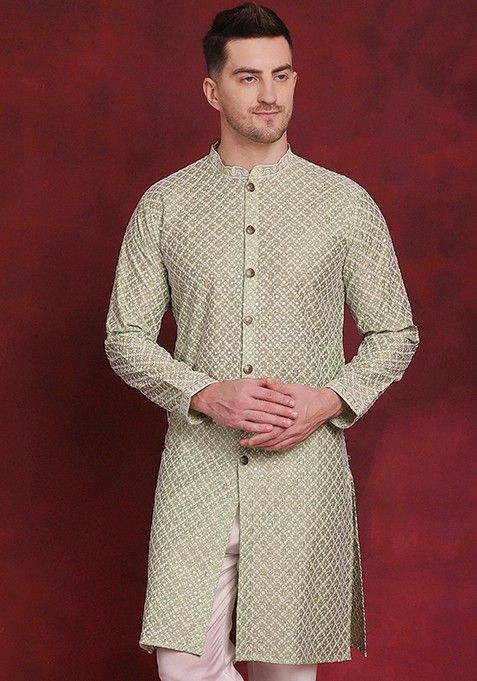 Pista Green Embroidered Silk Blend Kurta For Men