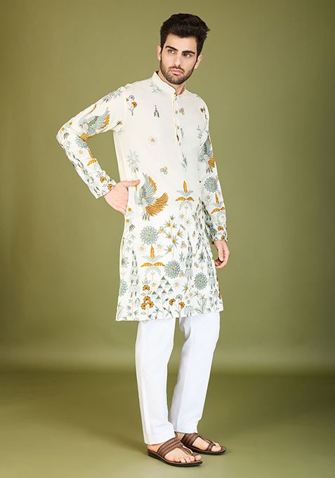 White Embroidered Art Silk Kurta For Men