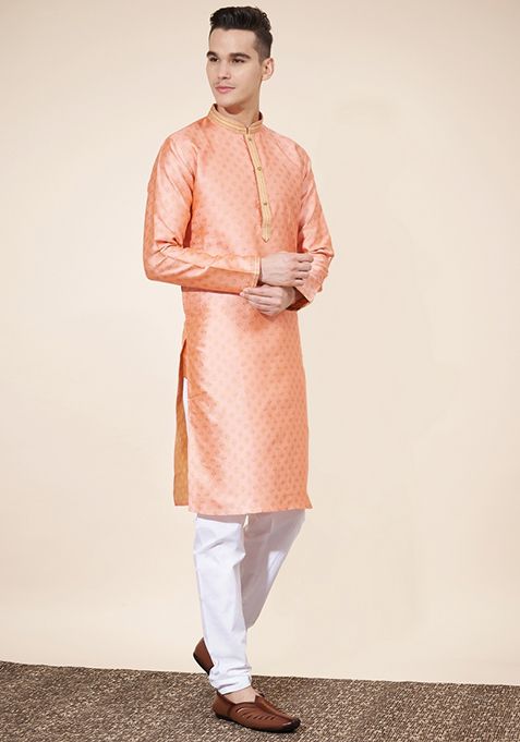 Peach Printed Jacquard Kurta Set For Men
