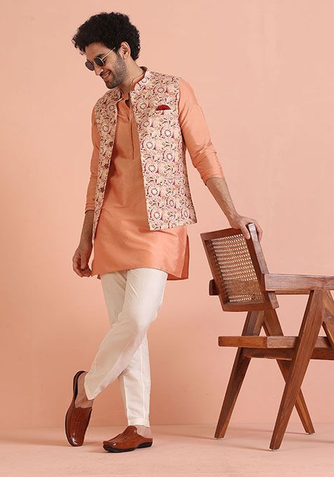 Red Embroidered Art Silk Kurta Set For Men