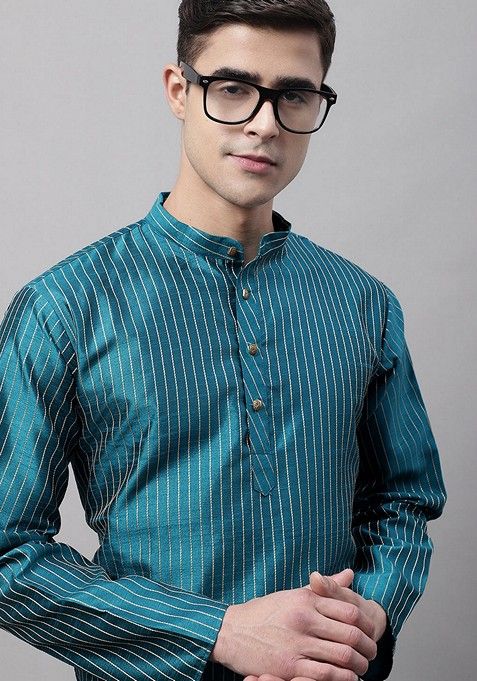 Teal Blue Cotton Kurta For Men