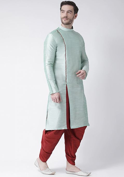 Sea Green Solid Silk Kurta Set For Men