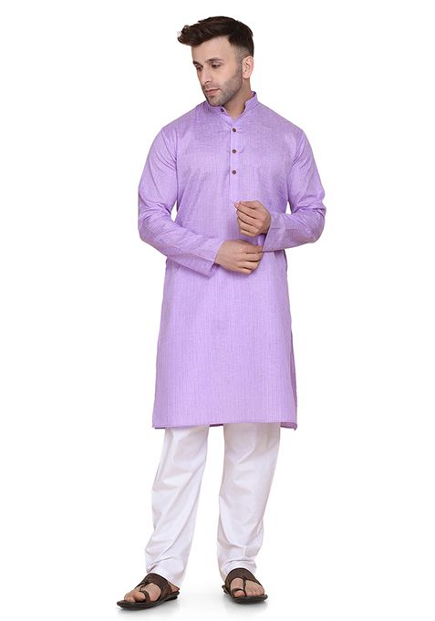 Lavender Solid Cotton Kurta Set For Men
