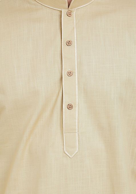 Cream Solid Cotton Kurta Set For Men