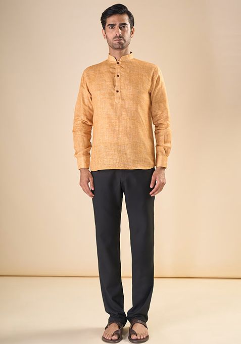Yellow Embroidered Linen Short Kurta For Men