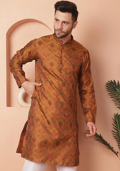 Mustard Woven Design Silk Blend Kurta For Men