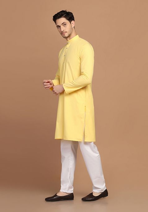 Yellow Solid Cotton Blend Kurta Set For Men