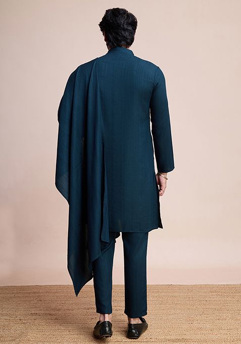 Blue Woven Viscose Kurta Set For Men