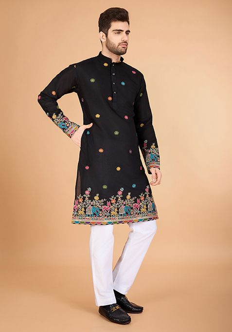 Black Embroidered Art Silk Kurta For Men