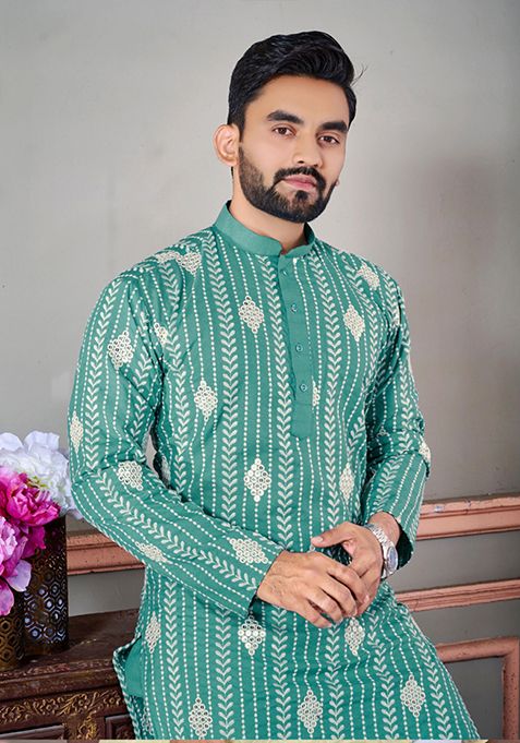 Sea Green Embroidered Linen Kurta Set For Men