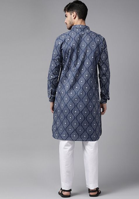 Indigo Blue Cotton Pathani Kurta For Men